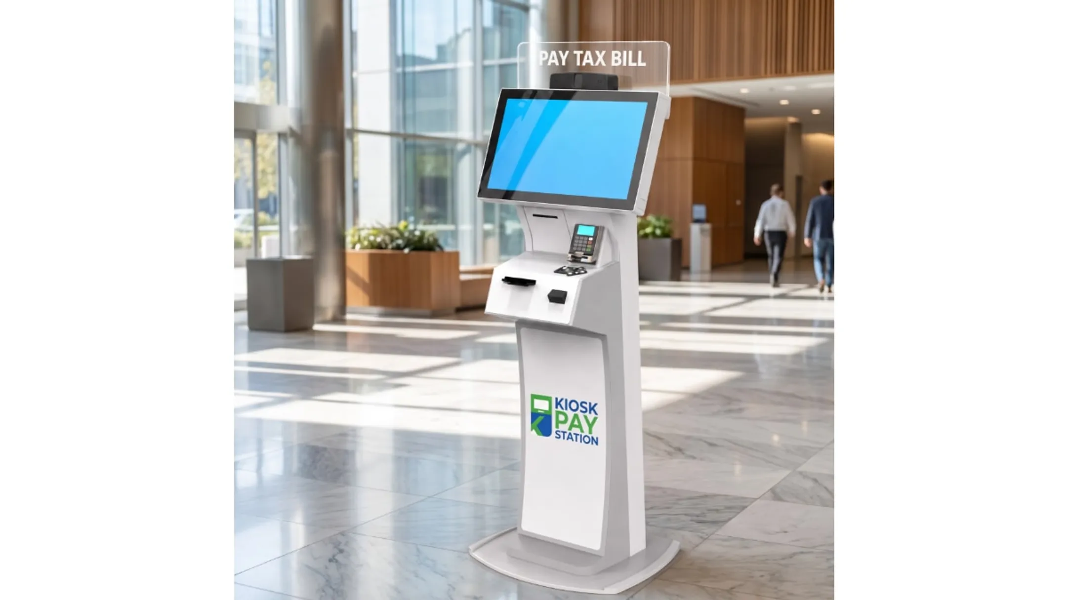 Multilingual kiosk touchscreen with ADA accessibility features displayed