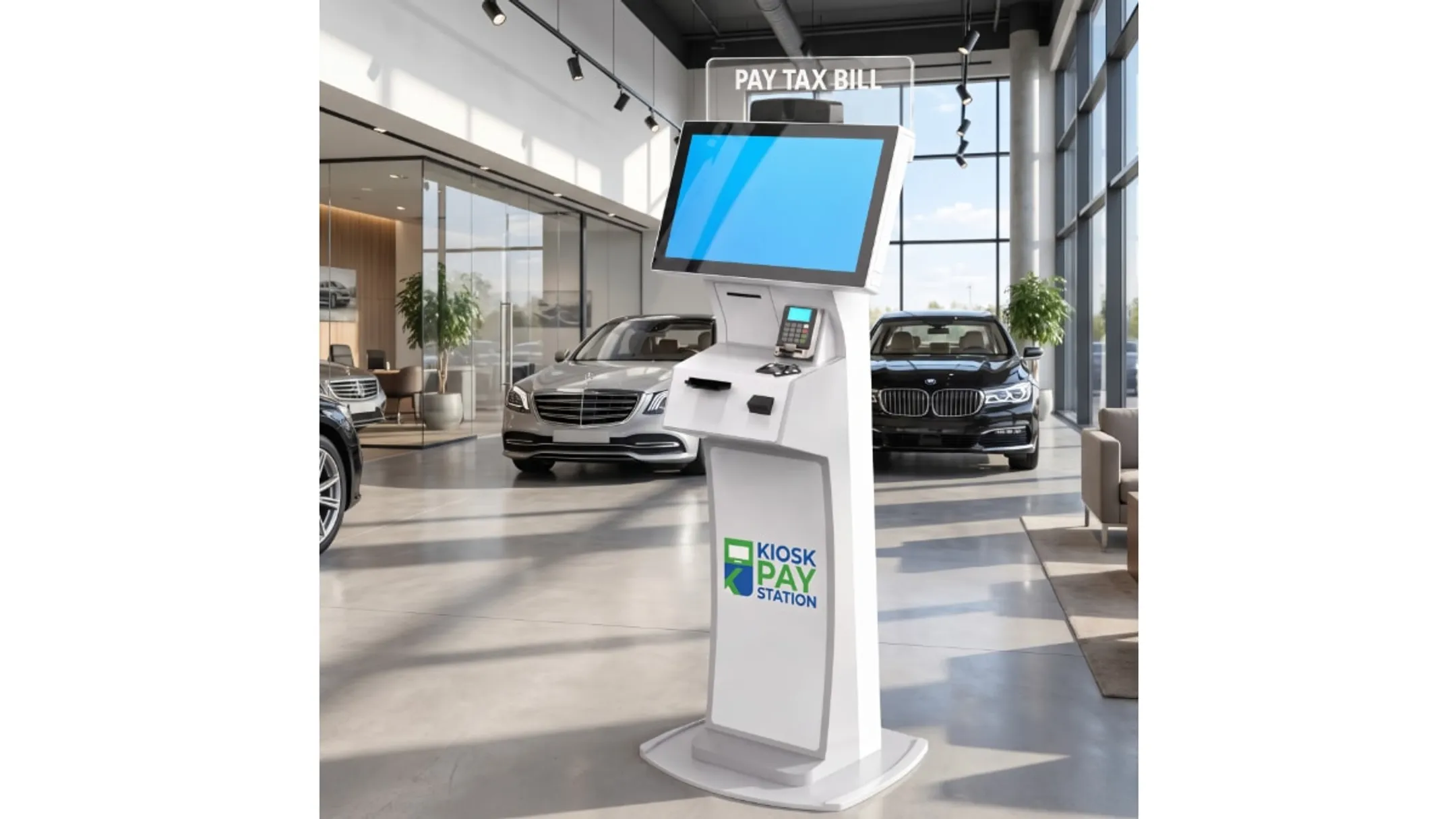 Self-service payment kiosk processing government tax and utility transactions