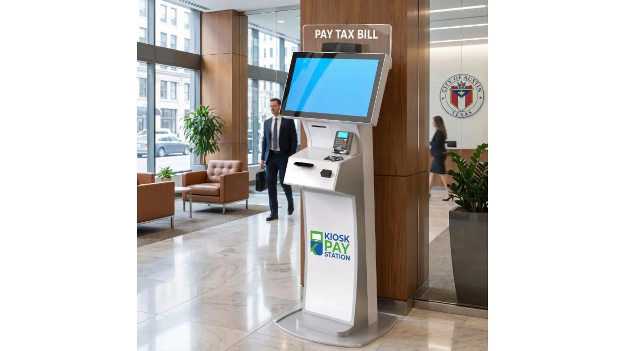 Municipal government building lobby with self-service payment kiosk terminal