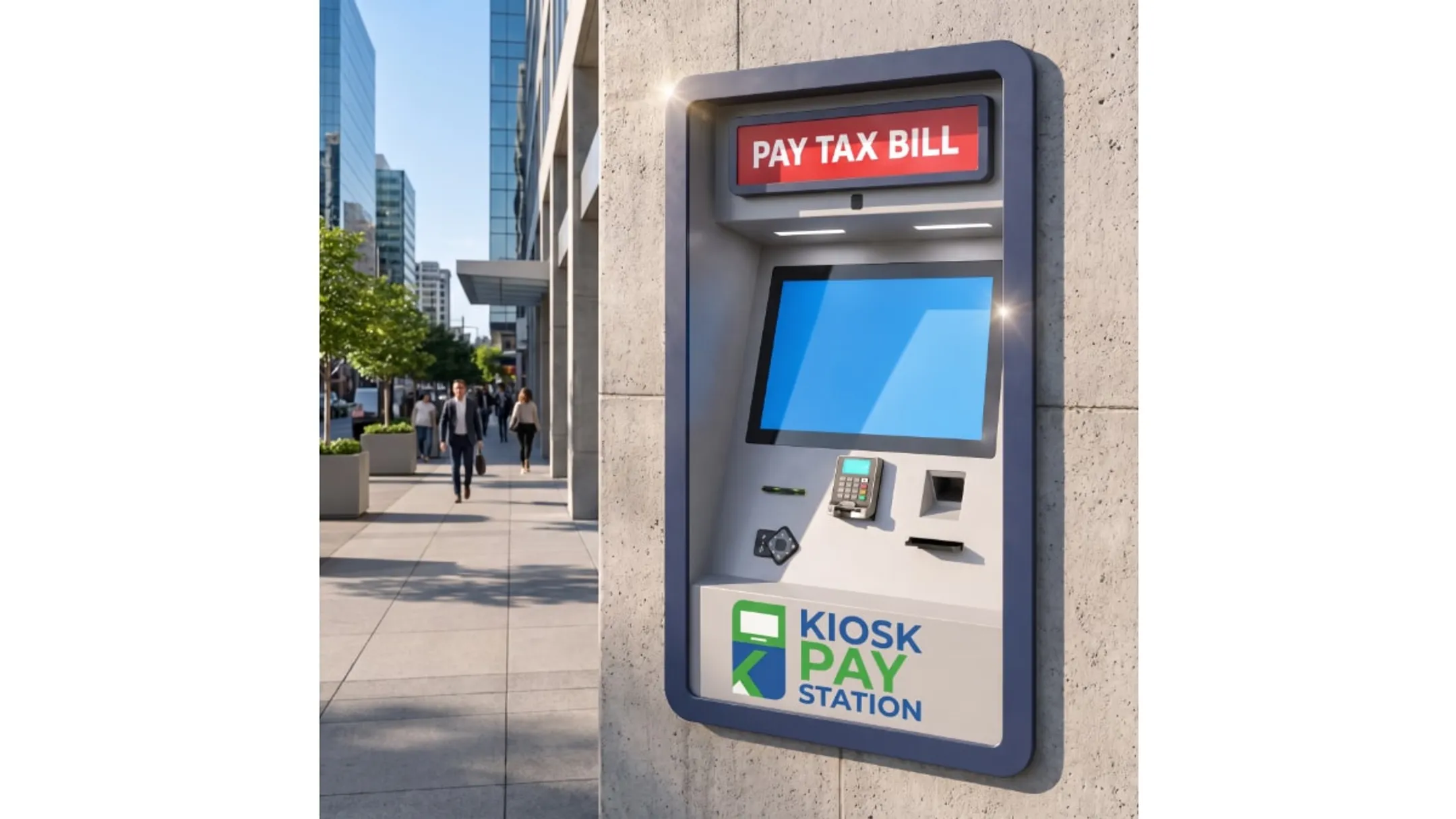 Self-service payment kiosk interface showing standard versus custom integration setup