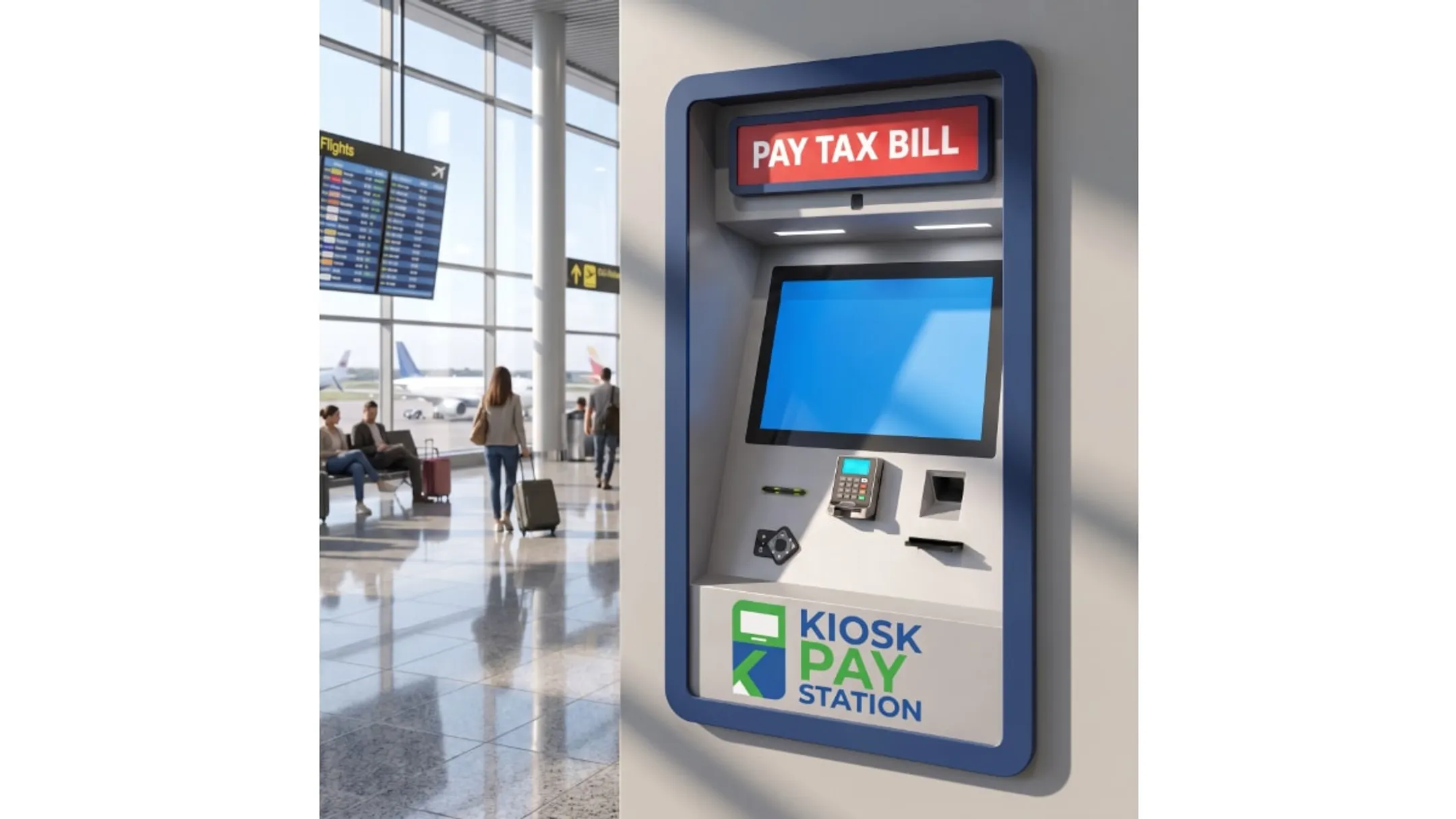 Outdoor self-service payment kiosk installed outside government building entrance