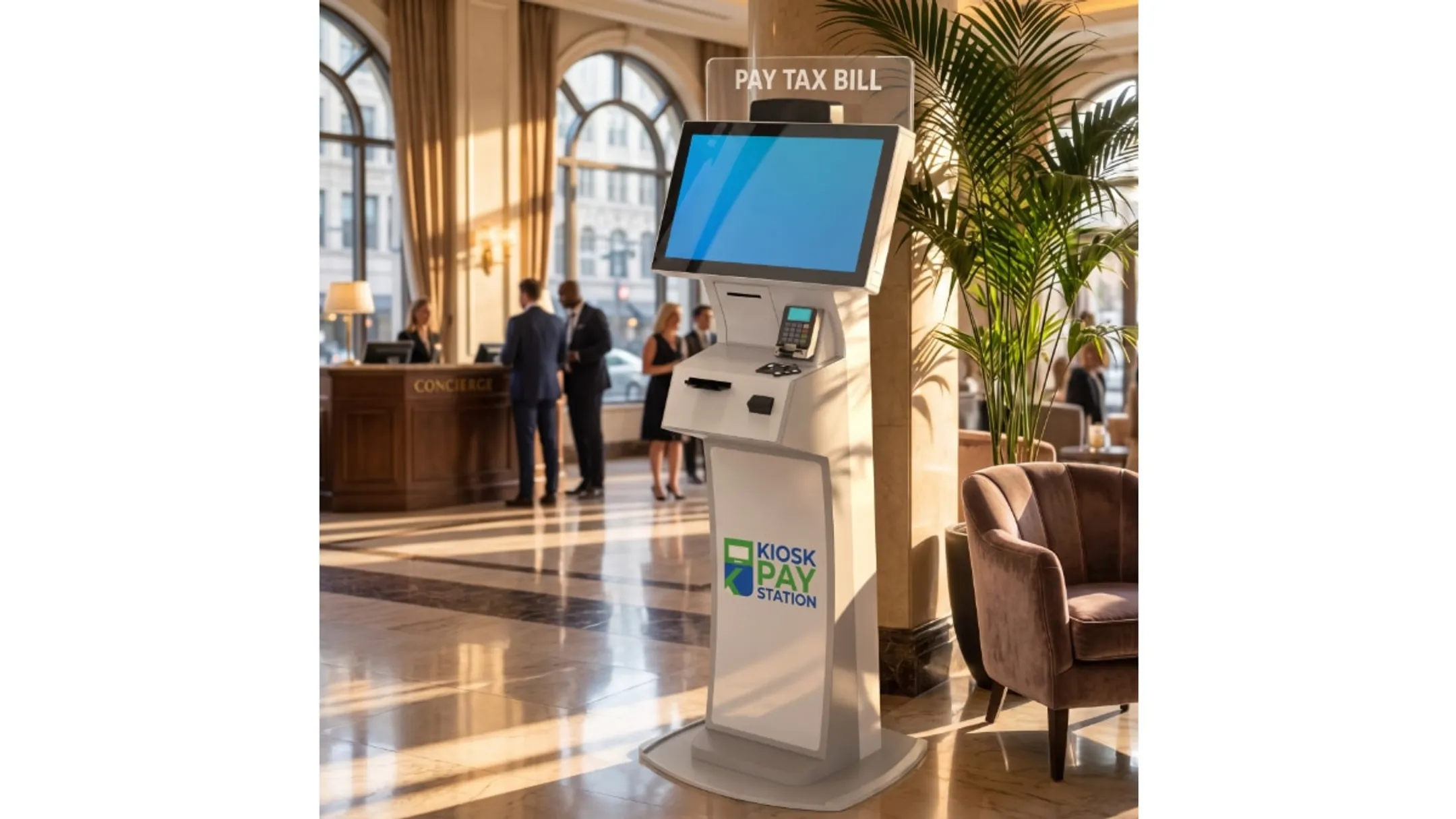 Self-service payment kiosk with touchscreen and card reader in government lobby
