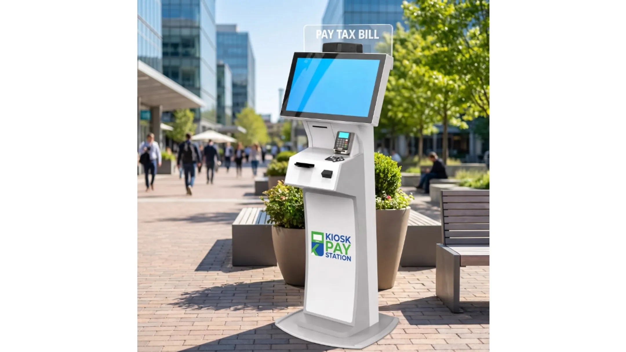 Self-service payment kiosk in government office lobby for citizen transactions