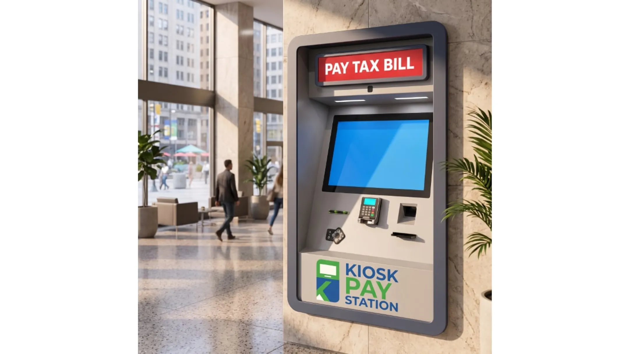 Government payment kiosk collecting utility bills at municipal office