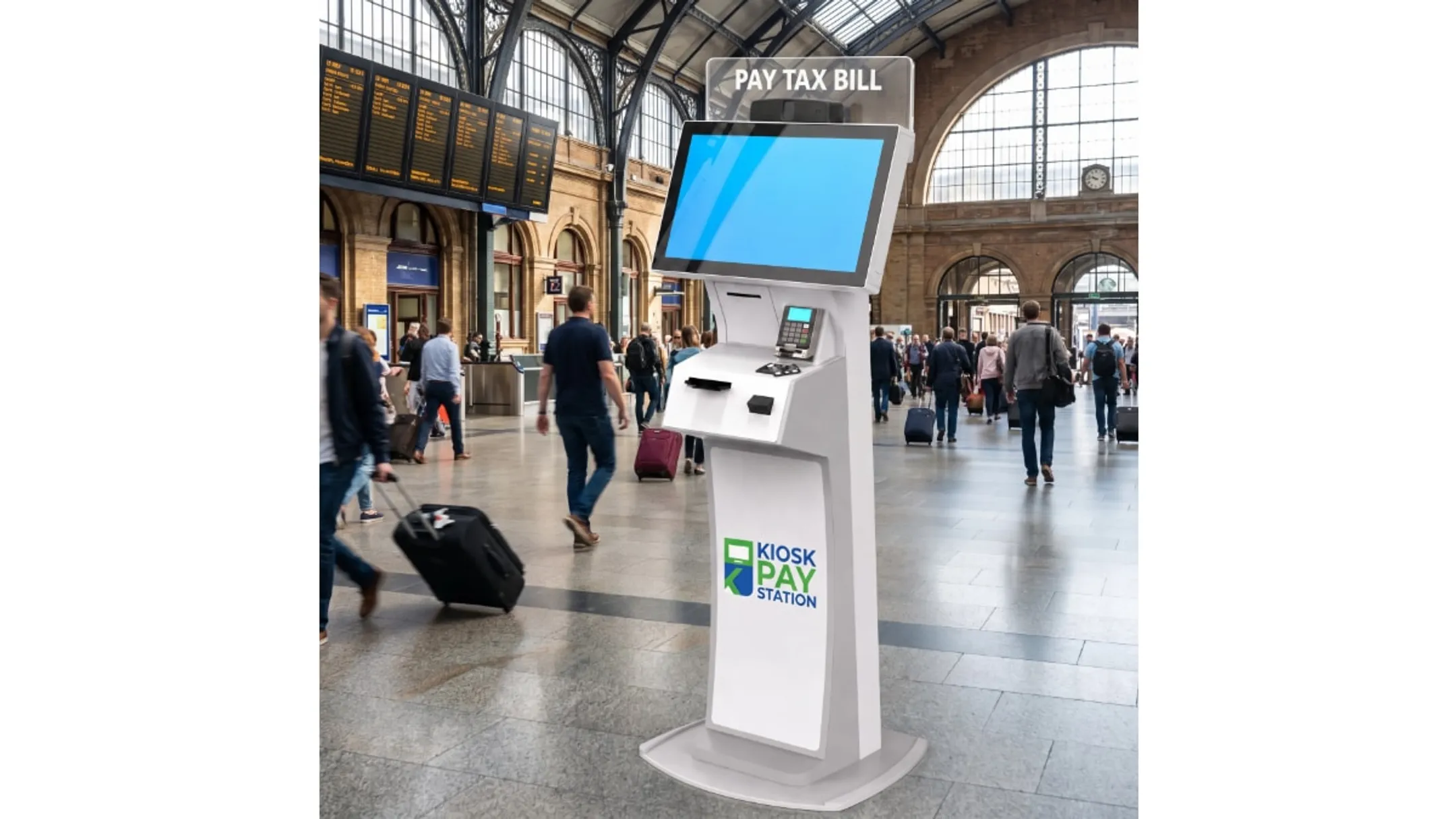 Self-service payment kiosk installed in government office lobby setting