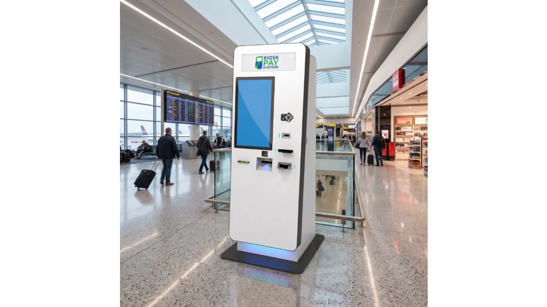 Self-service payment kiosk with touchscreen and cash acceptance slot