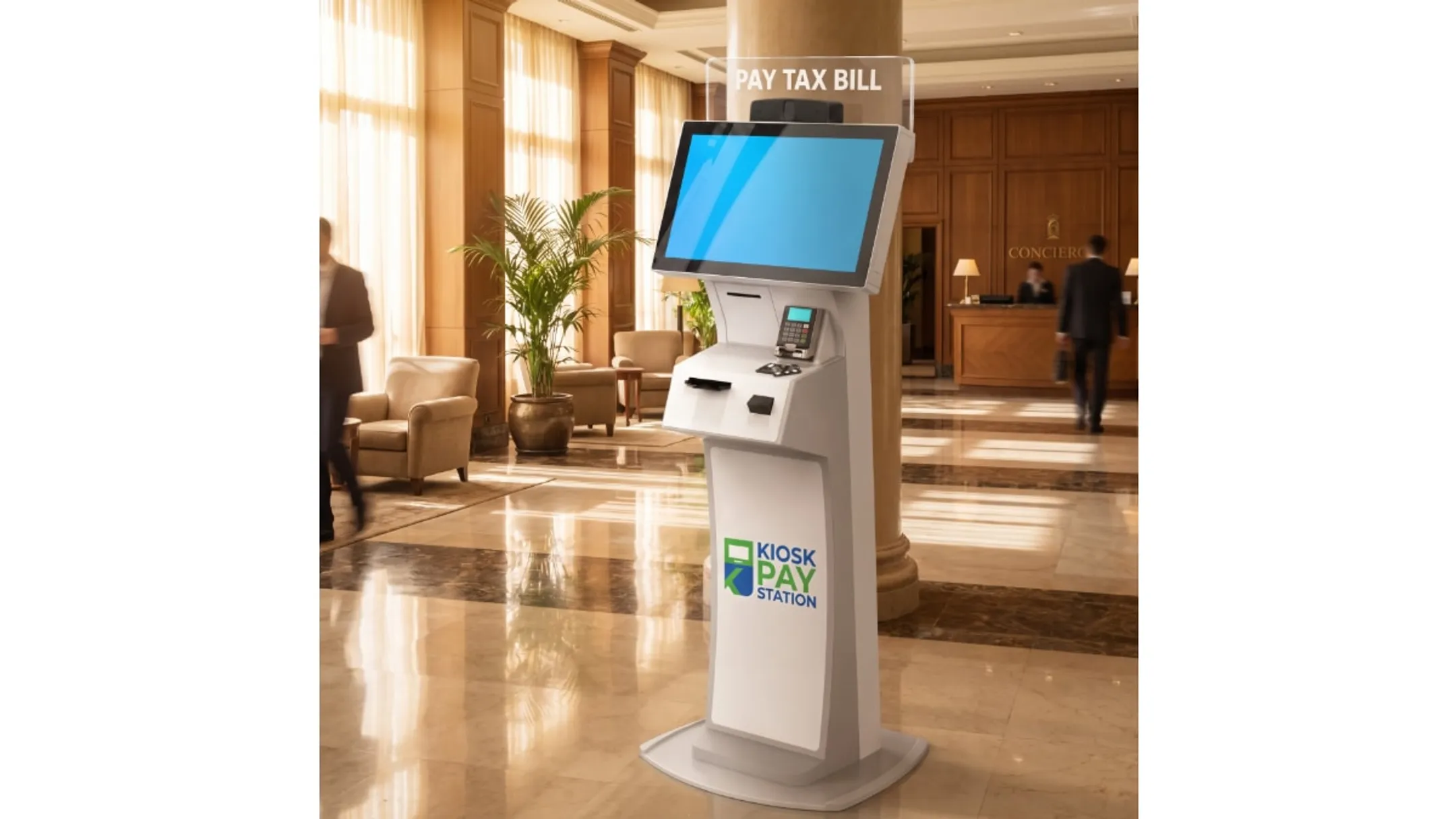 Self-service payment kiosk in government office lobby setting
