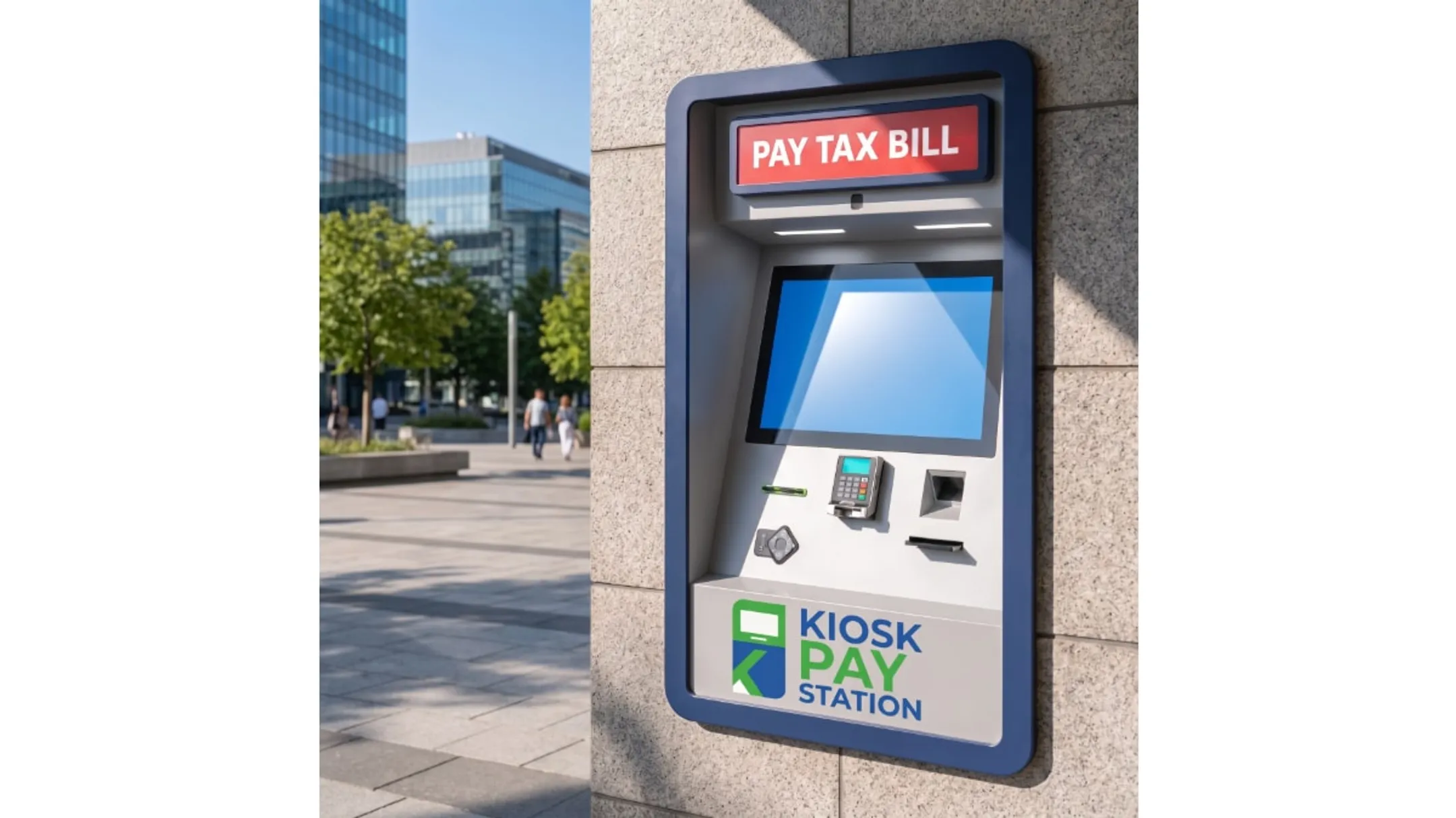 Self-service payment kiosk with accessible touchscreen and multilingual interface