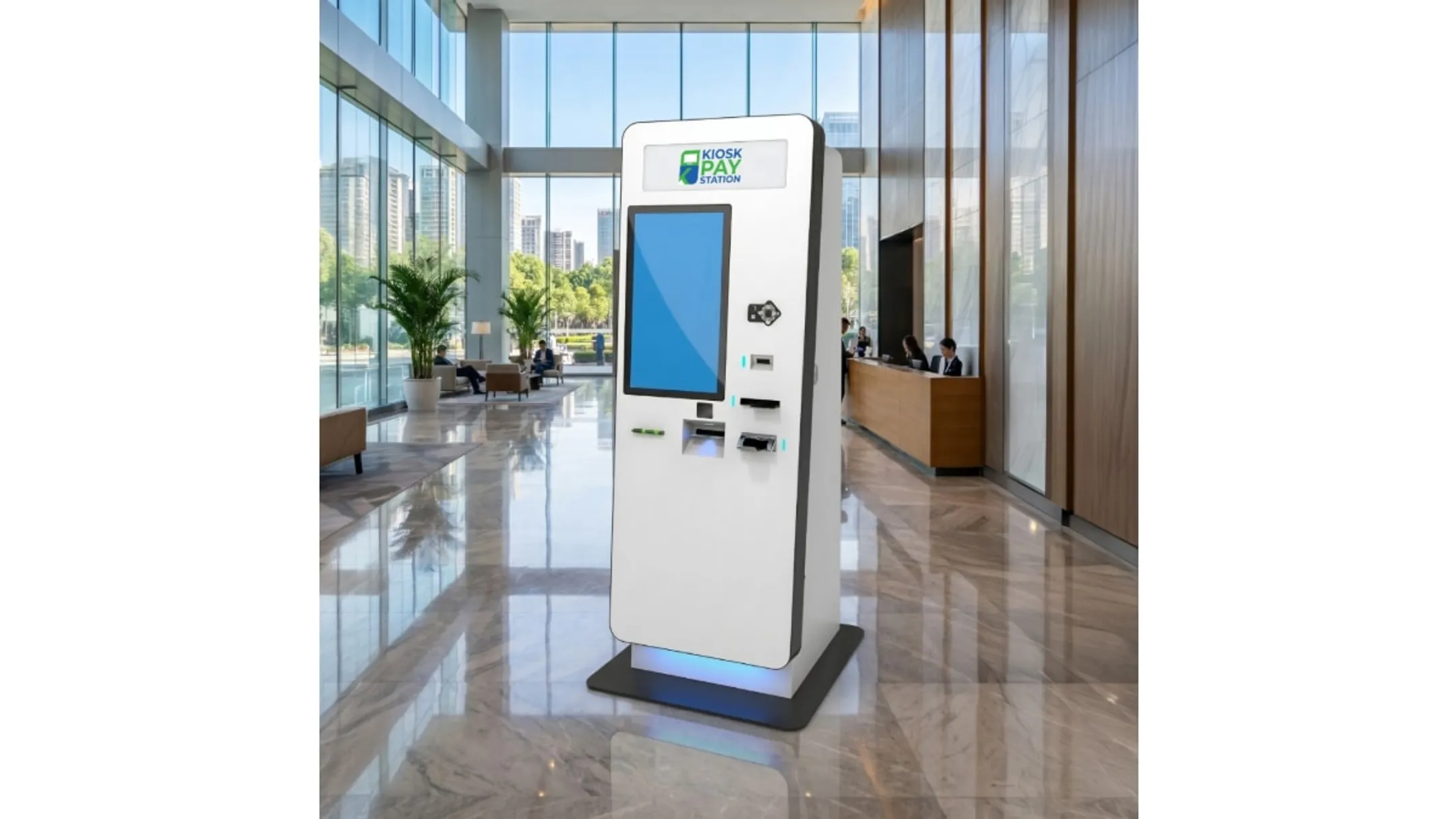 Company team deploying payment kiosk at public service location