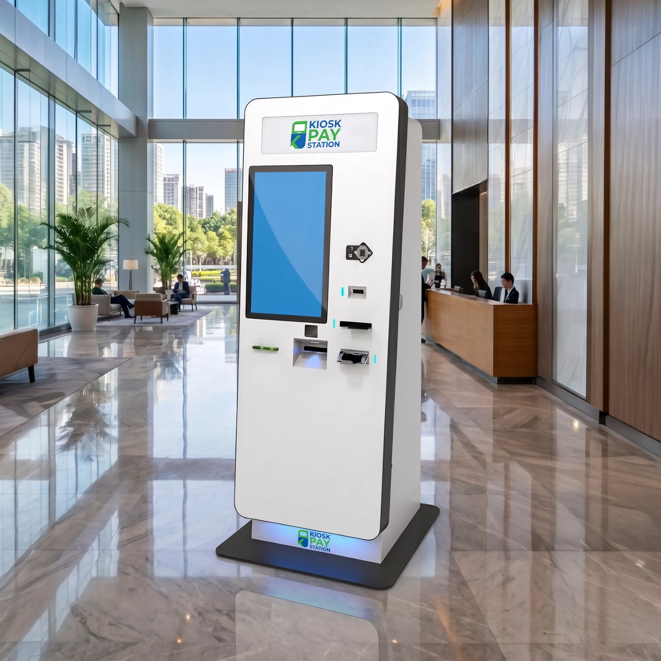 Customer using a cash-accepting bill payment kiosk
