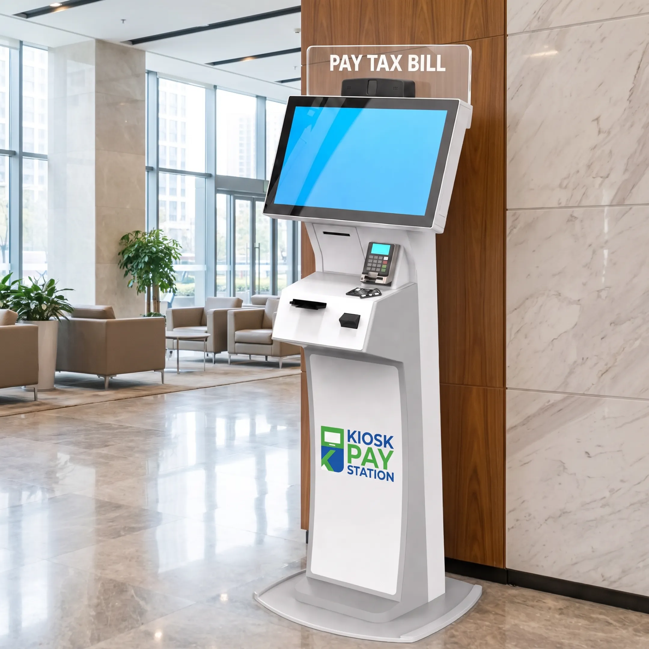 Utility customer completing a payment at a branded kiosk