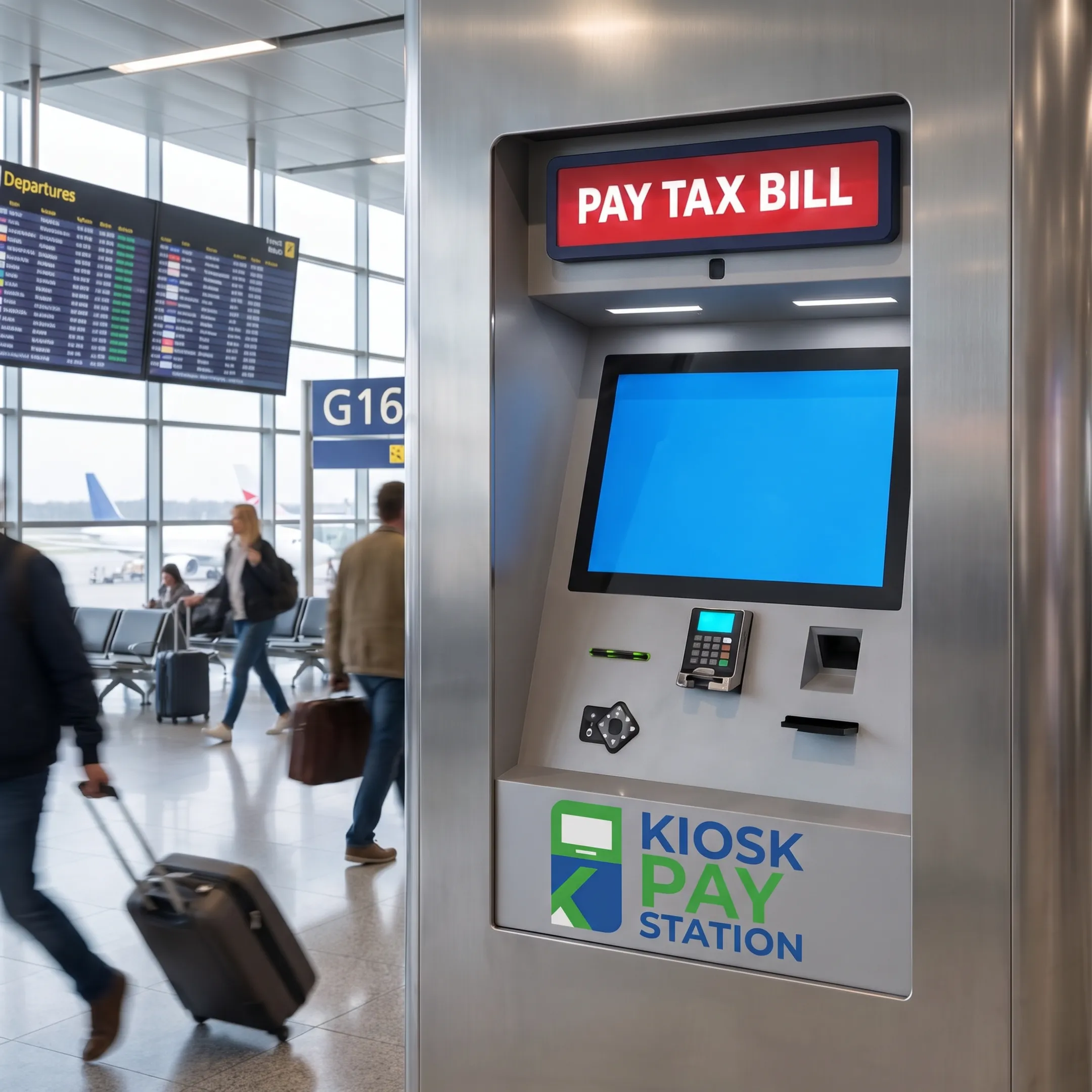 Utility customer completing a secure bill payment at a self-service kiosk