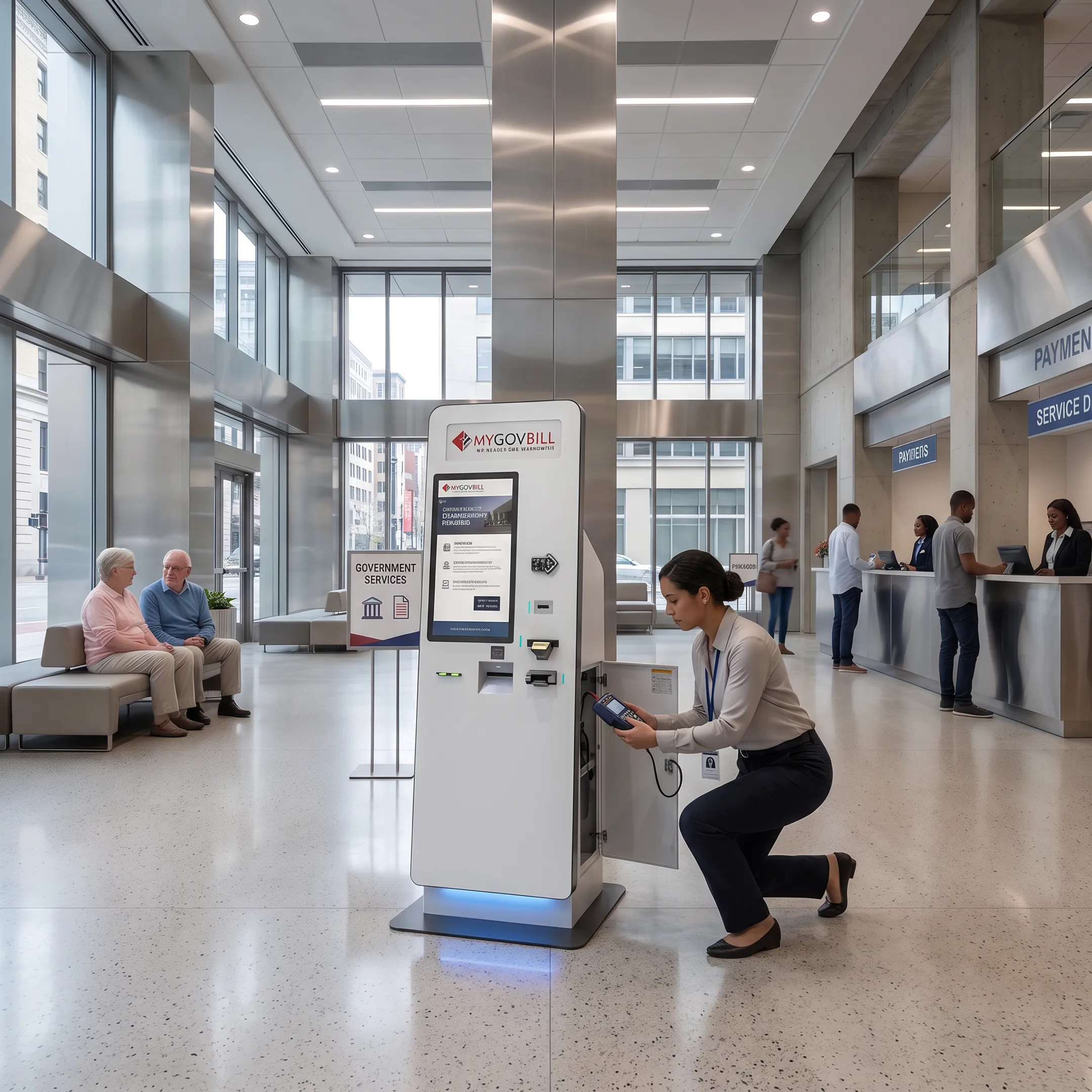 Technician supporting a self-service payment kiosk