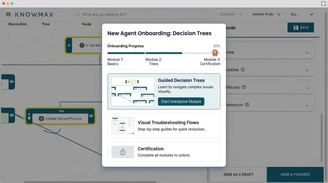 Knowmax knowledge management platform LMS onboarding interface showing guided decision trees and training modules