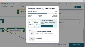 Knowmax knowledge management platform LMS onboarding interface showing guided decision trees and training modules