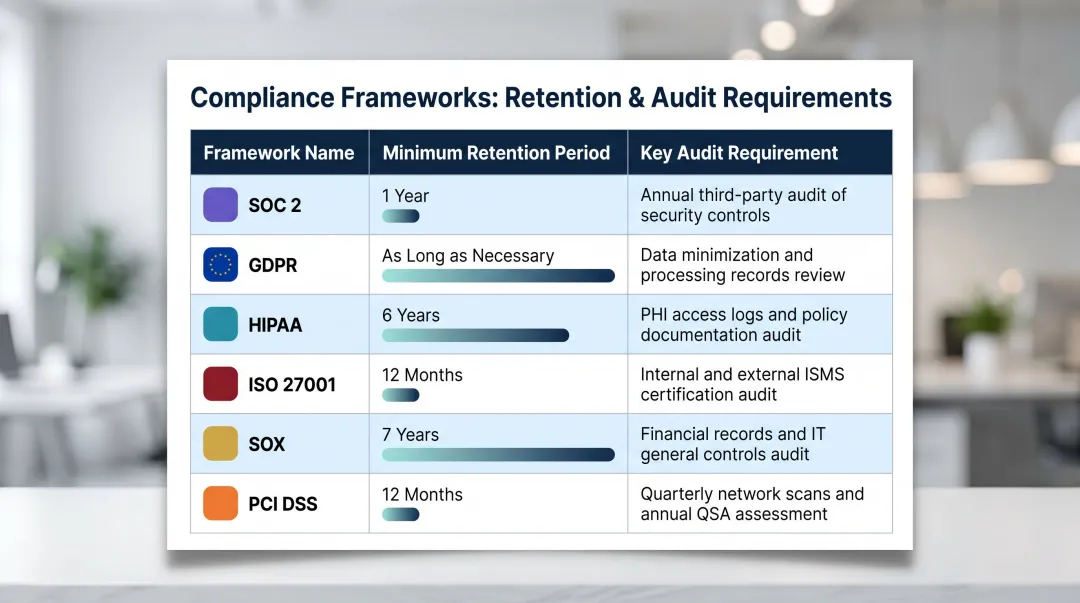 Compliance framework audit log retention requirements comparison table SOC2 GDPR HIPAA ISO