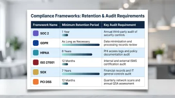 Compliance framework audit log retention requirements comparison table SOC2 GDPR HIPAA ISO