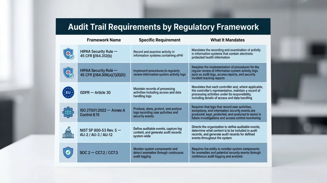 Regulatory compliance frameworks version control and audit trail requirements comparison table