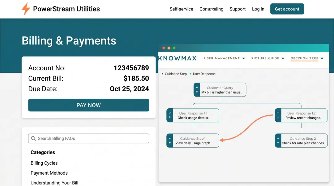 Knowmax knowledge management platform decision tree and guided billing FAQ interface