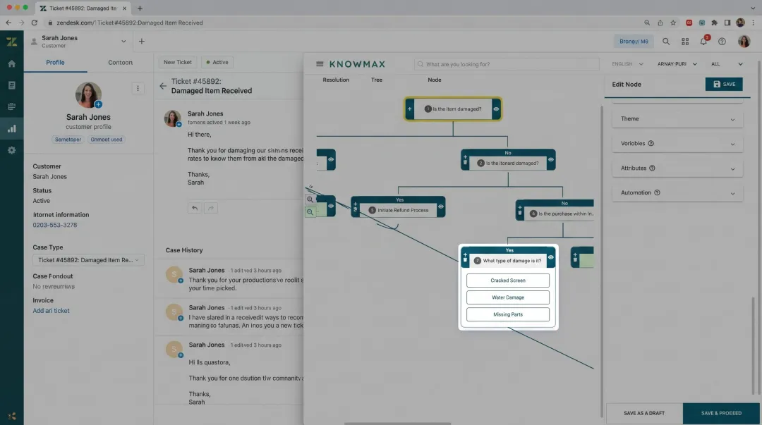 Knowmax visual decision tree embedded in agent desktop showing troubleshooting workflow