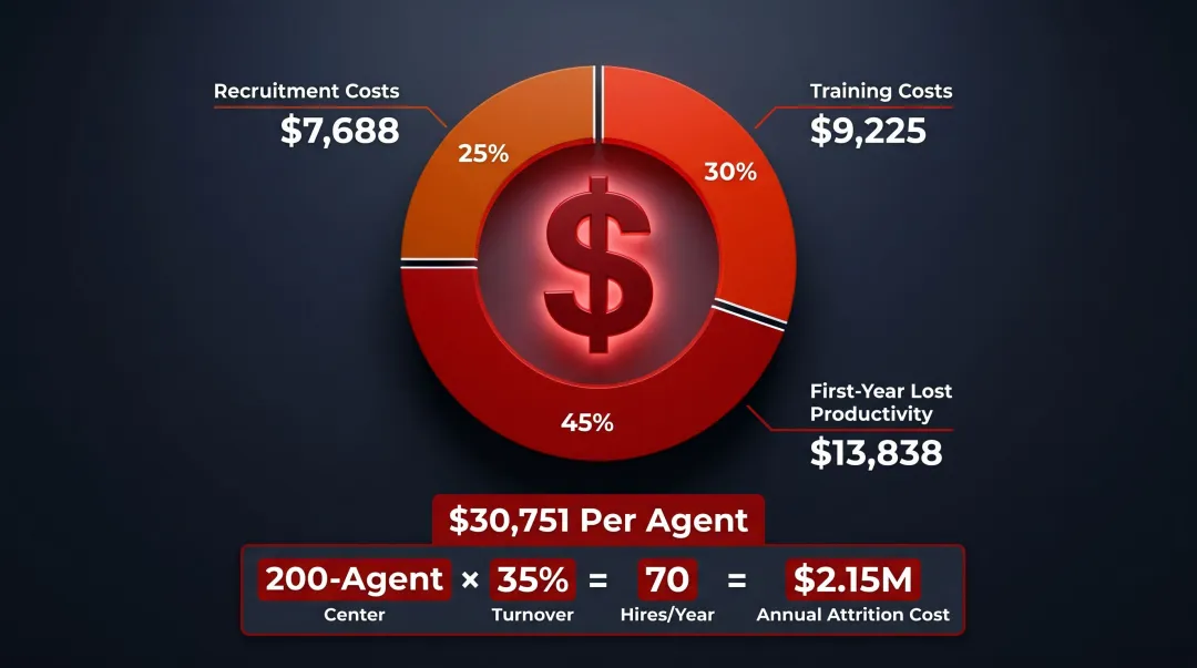 Contact center agent attrition cost breakdown showing recruitment training and productivity losses