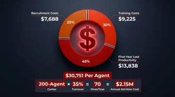 Contact center agent attrition cost breakdown showing recruitment training and productivity losses
