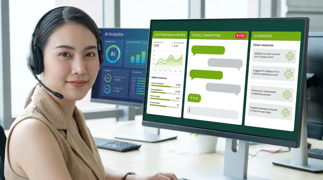 Contact center agent using voice AI assist with real-time call transcription on screen