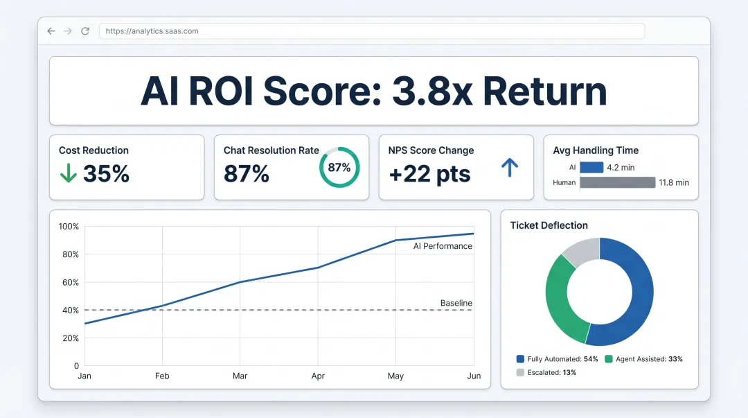 Enterprise AI customer service results dashboard displaying key performance benchmarks