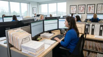 Healthcare administrative staff processing prior authorization paperwork and payer portal requests