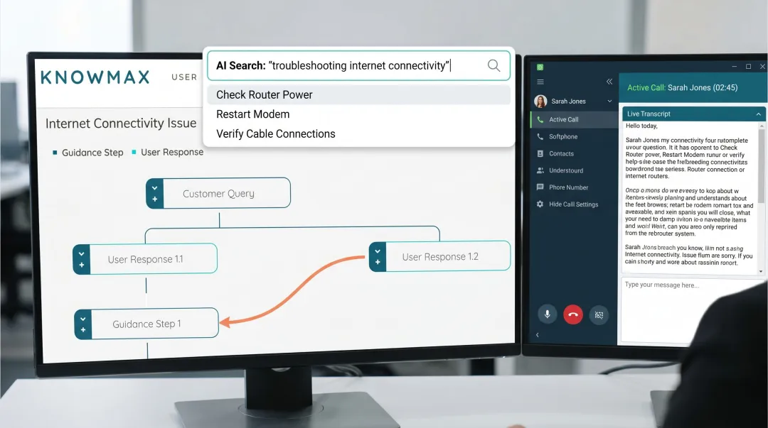Knowmax AI-powered knowledge management platform interface showing decision tree and agent search