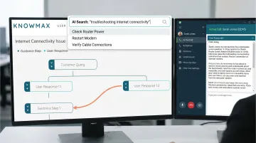 Knowmax AI-powered knowledge management platform interface showing decision tree and agent search