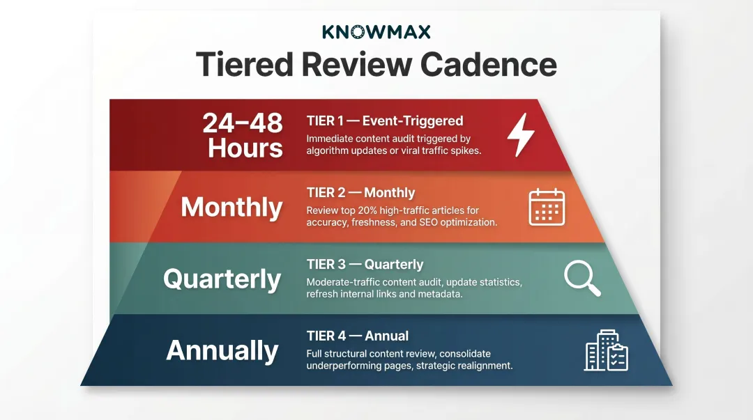 Tiered knowledge base review cadence framework from event-triggered to annual audit