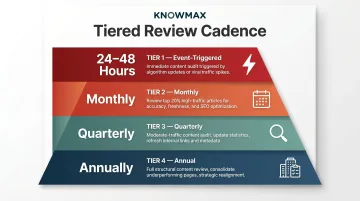 Tiered knowledge base review cadence framework from event-triggered to annual audit