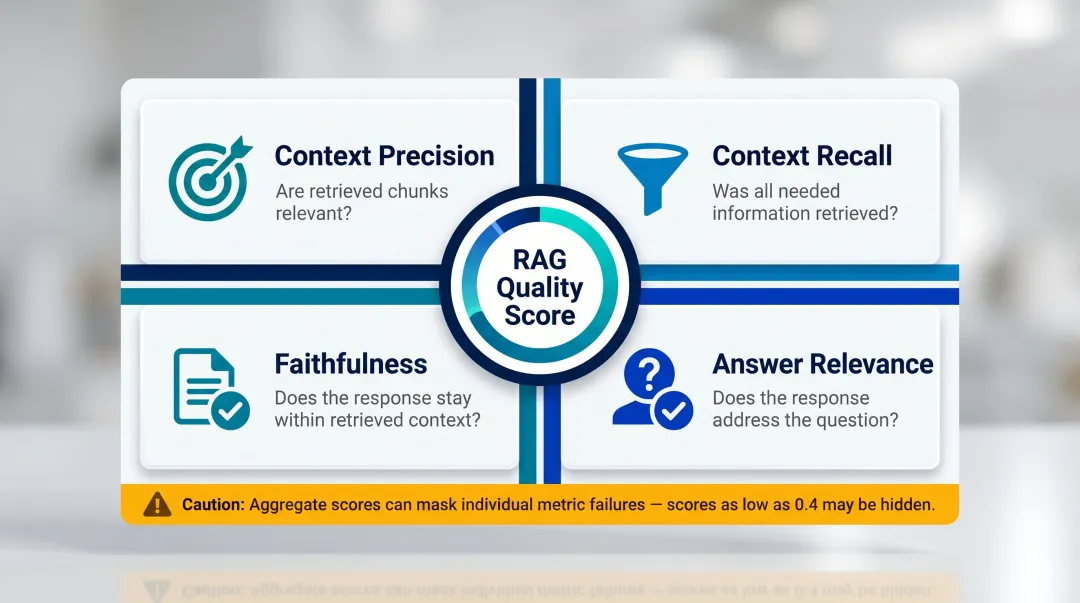 Four RAG evaluation metrics framework measuring context precision recall faithfulness and answer relevance