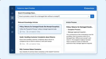 Knowmax AI-powered semantic search interface surfacing knowledge articles for agents in real time