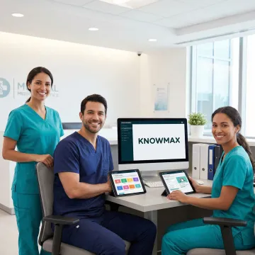 Healthcare professionals using a HIPAA compliant LMS on tablets and computers in a clinical setting