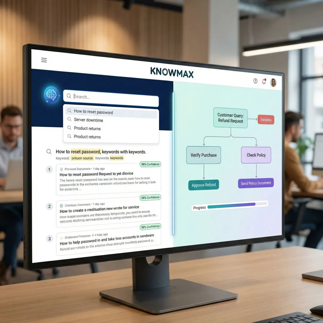 Enterprise knowledge management platform showing unified knowledge base and AI search interface