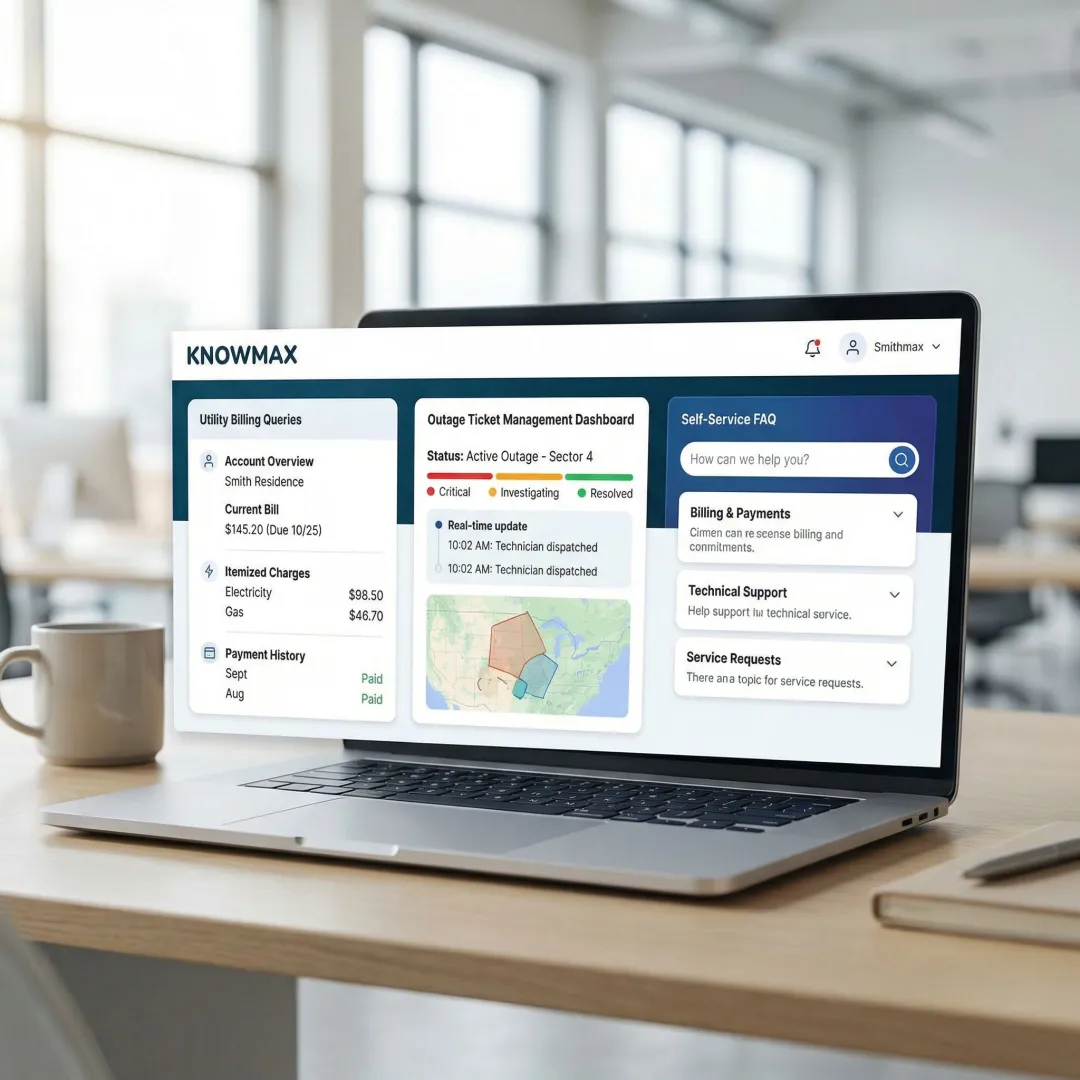 AI-powered utility customer service portal showing billing and outage resolution knowledge base on screen