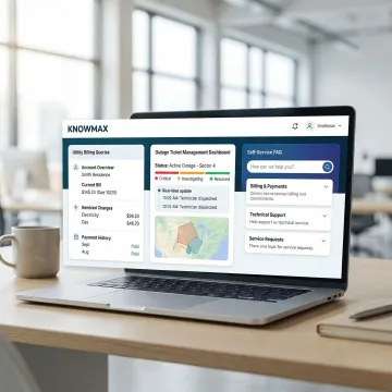 AI-powered utility customer service portal showing billing and outage resolution knowledge base on screen