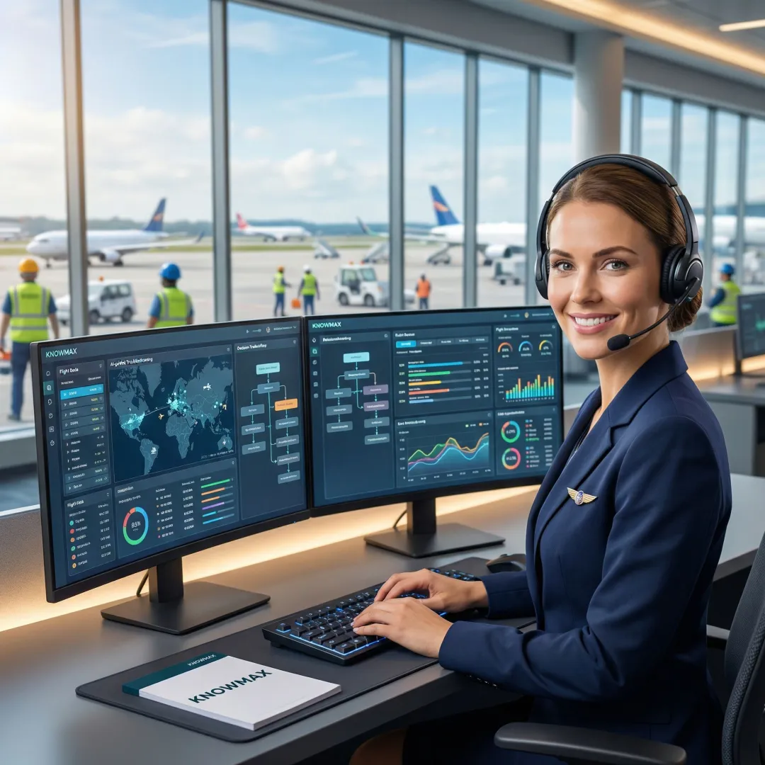 Aviation contact center agent using guided troubleshooting software on a computer screen