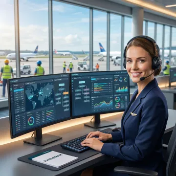Aviation contact center agent using guided troubleshooting software on a computer screen