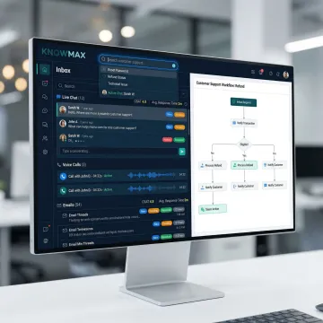 Knowmax omnichannel knowledge platform interface showing unified agent dashboard across voice, chat and email channels