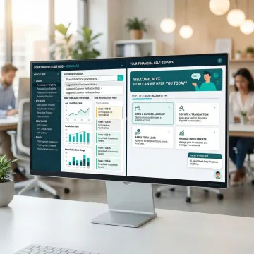 Omnichannel retail banking knowledge platform interface showing agent and customer self-service screens