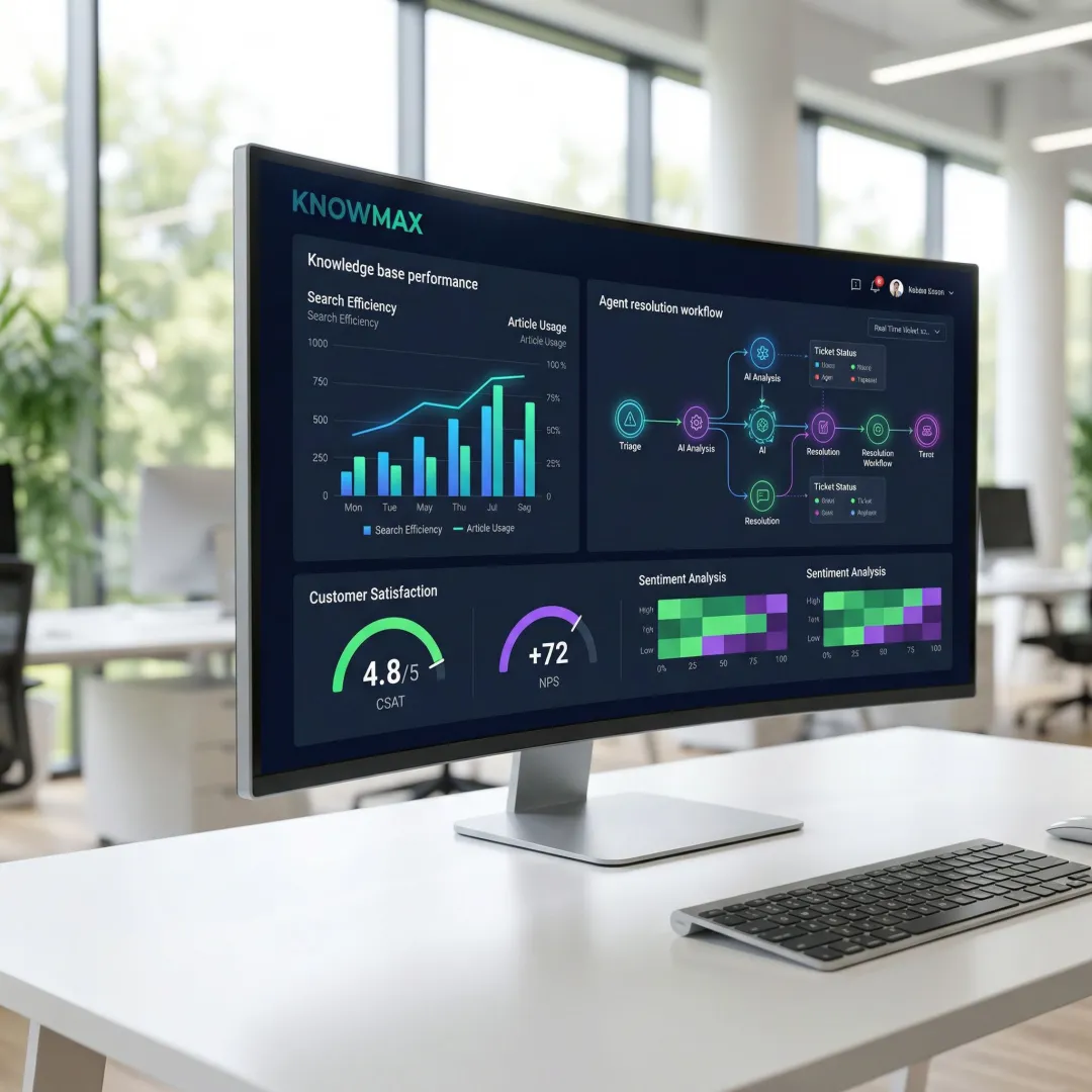 AI-powered knowledge management dashboard showing agent performance metrics and resolution workflows