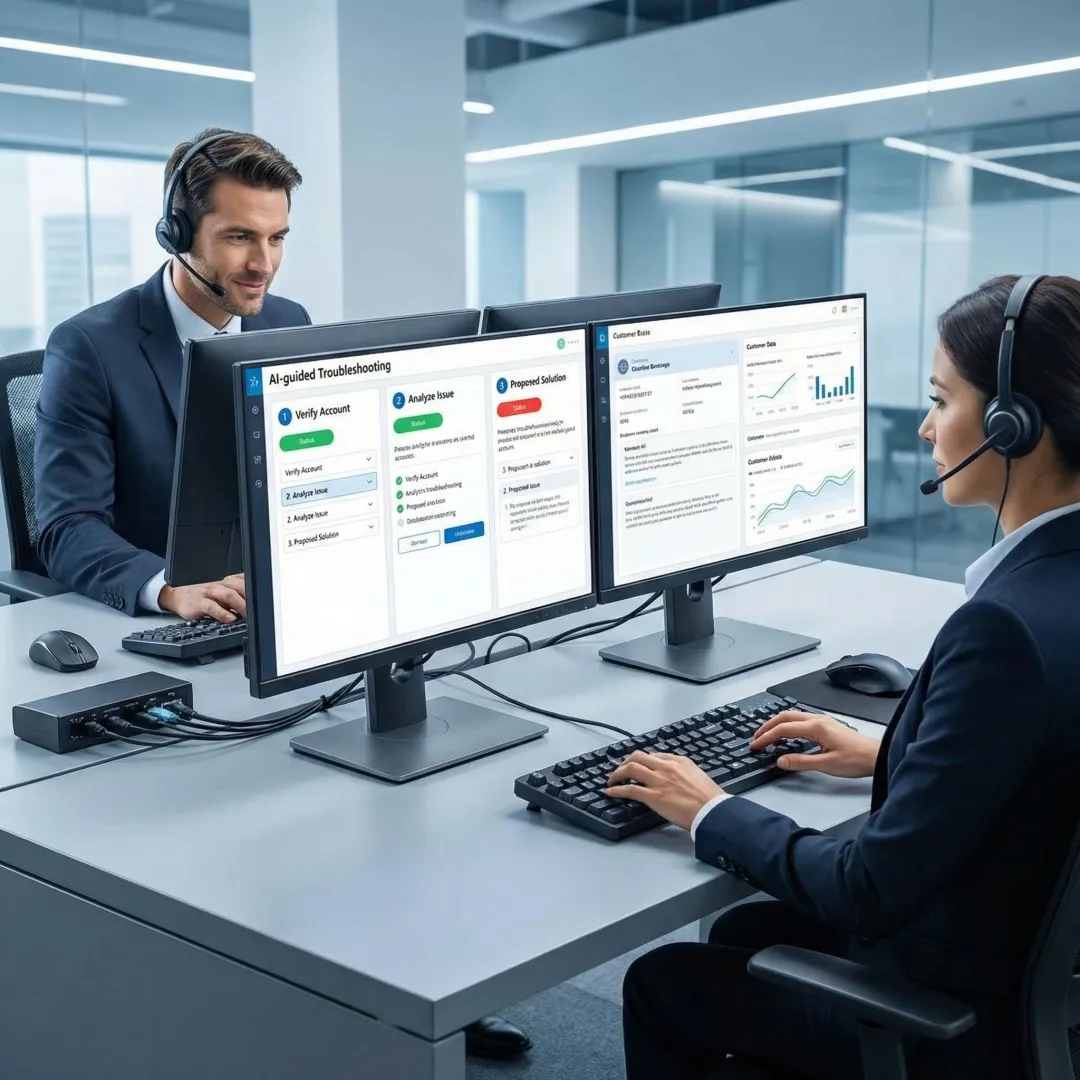 Customer support agent using AI-powered troubleshooting guide on a computer screen