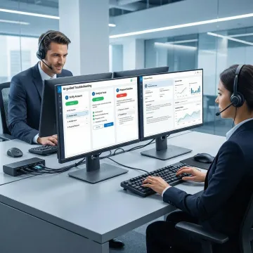 Customer support agent using AI-powered troubleshooting guide on a computer screen