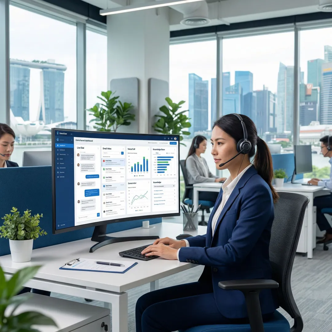 Omnichannel customer support integration dashboard showing unified agent workspace across chat, voice, and email channels