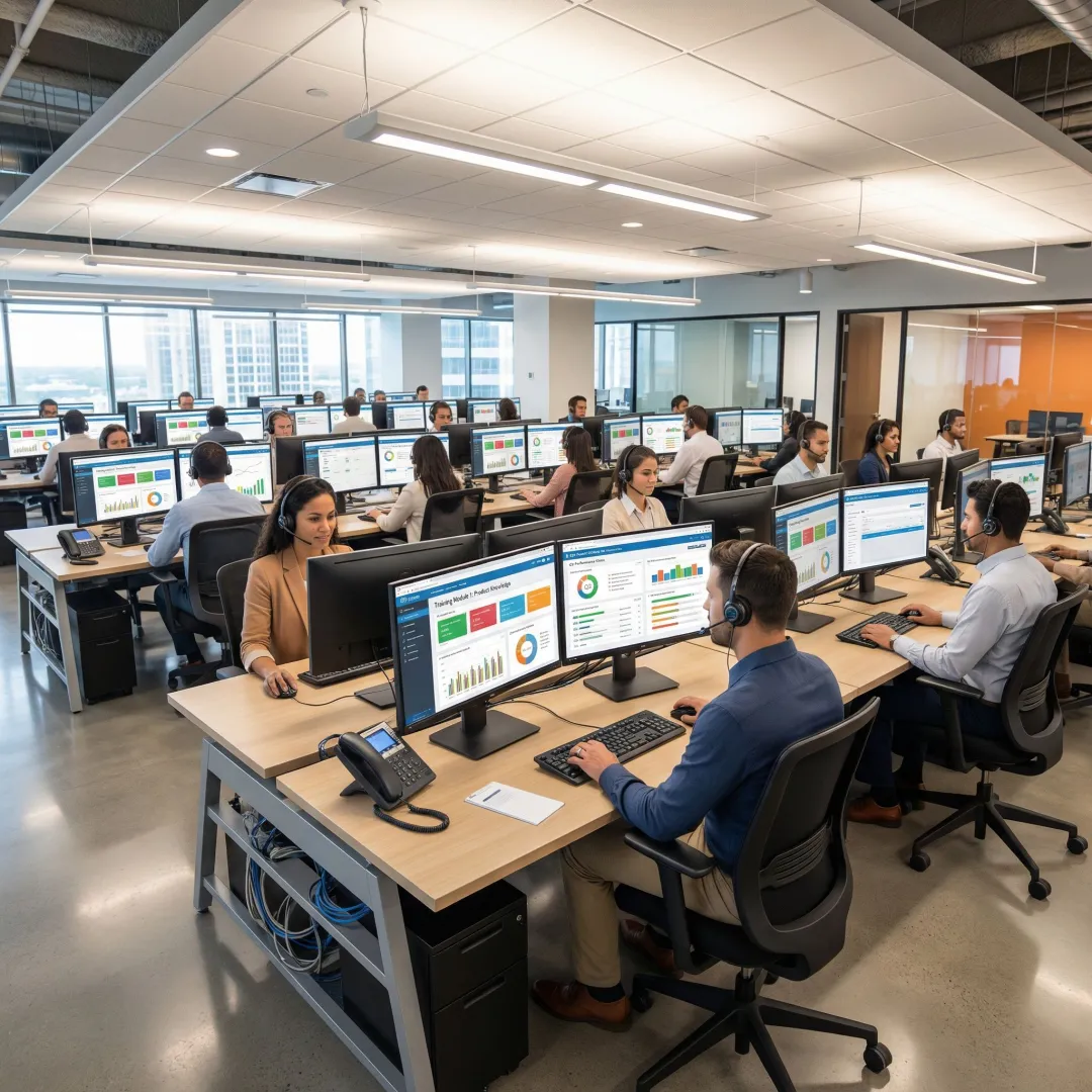 Telecom agents using an AI-powered LMS training platform on desktop screens in a modern contact center