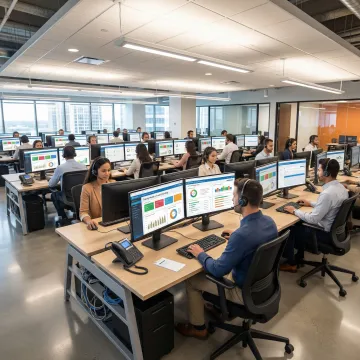 Telecom agents using an AI-powered LMS training platform on desktop screens in a modern contact center