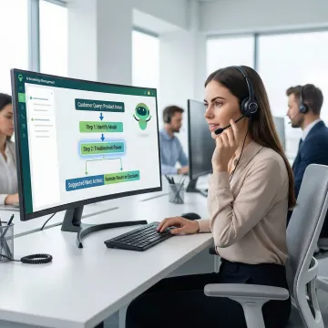 Service desk agent following an AI-guided workflow on a knowledge management platform